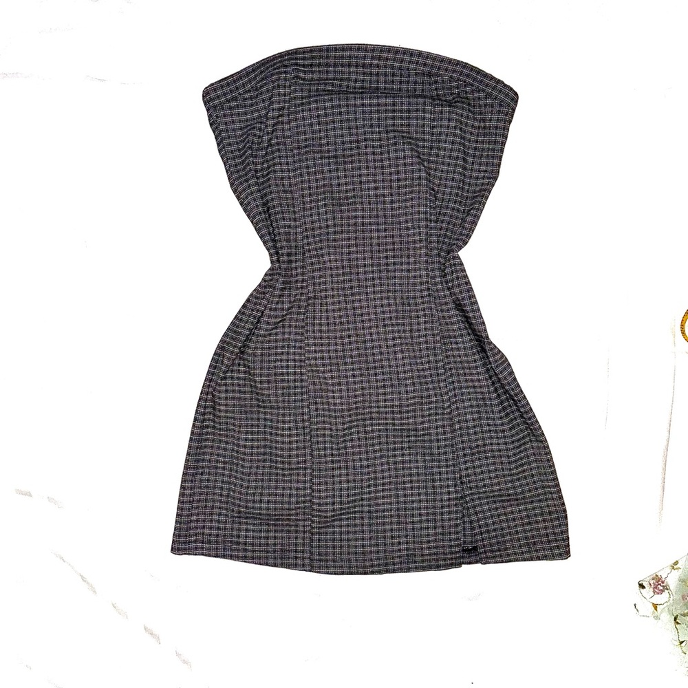 'Vintage Blue' Plaid Strapless Mini Dress